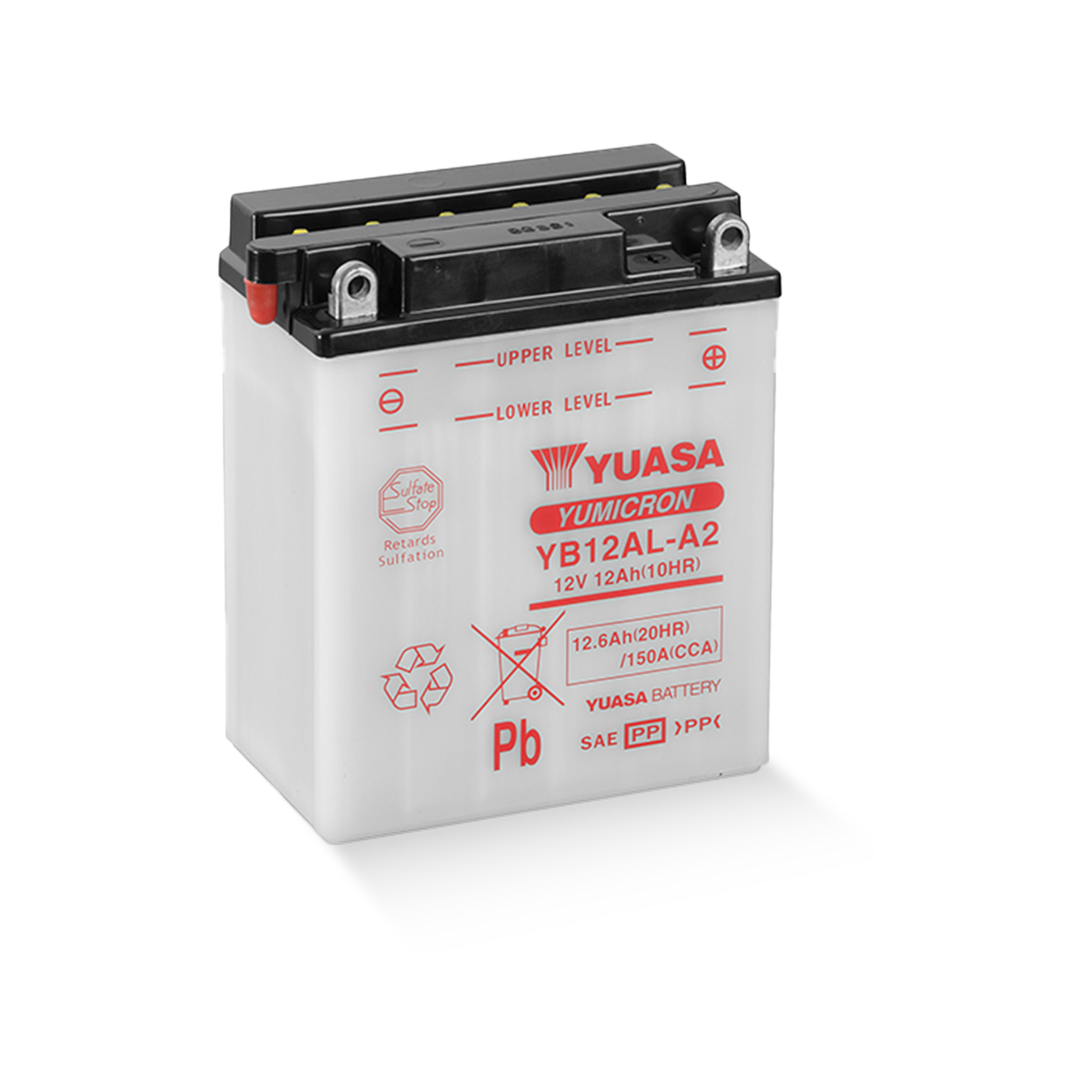 YUASA YB12AL-A2 12V 12,6Ah/C20 - 150A (EN) Motorradbatterie Anschluss: vorne, oben durch Adapter (inkl.)