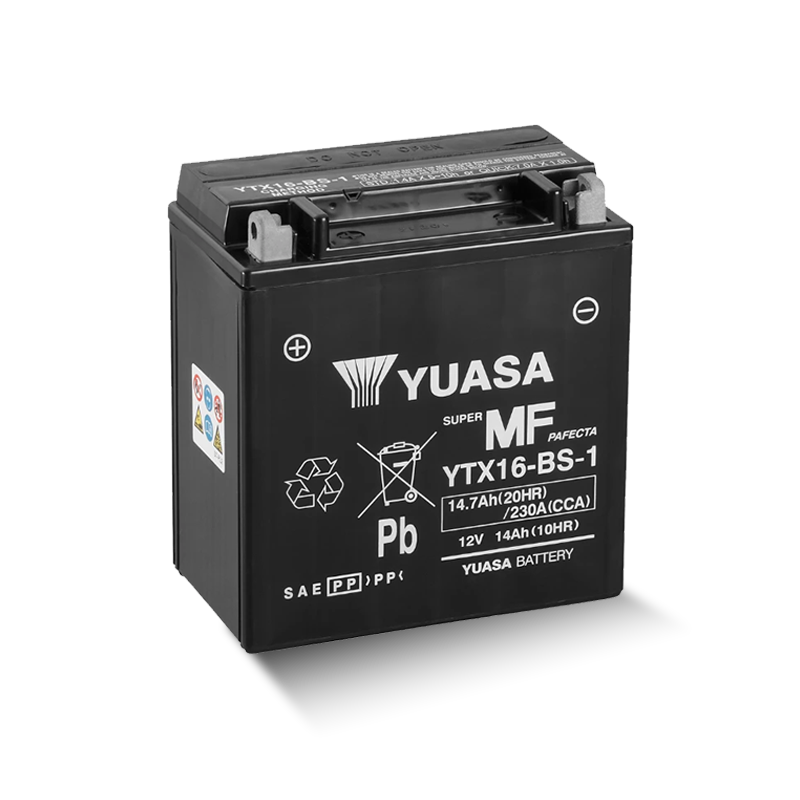 YUASA YTX16-BS-1 / 51491 12V 14,7Ah/C20 - 230A (EN) Motorradbatterie WF Anschlüsse Seite