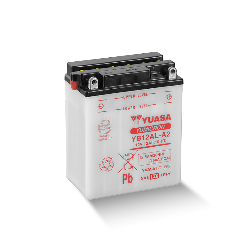 YUASA YB12AL-A2 12V 12,6Ah/C20 - 150A (EN) Motorradbatterie Anschluss: vorne, oben durch Adapter (inkl.)