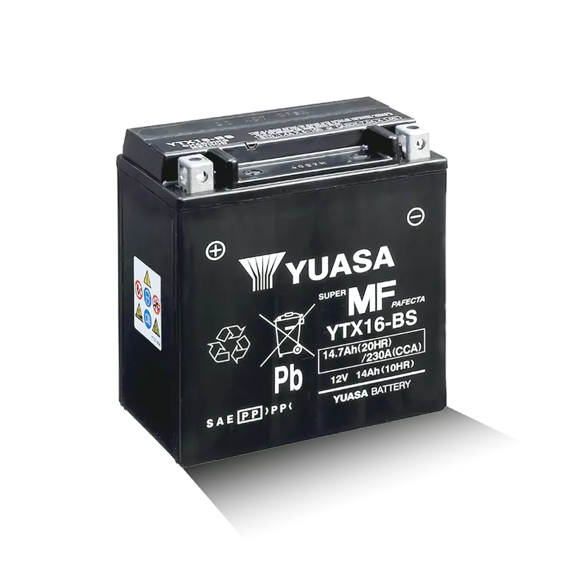 YUASA YTX16-BS / 51492 12V 14,7Ah/C20 - 230A (EN) Motorradbatterie WF Anschlüsse Vorne und Oben